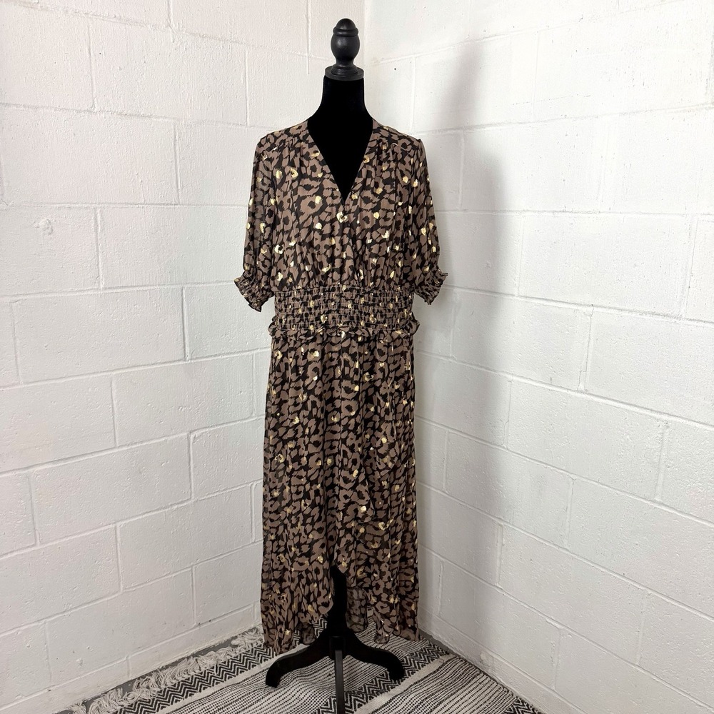 Express NWT Maxi Peasant Dress SZ XL Leopard Metallic Hi-Lo Smocked Maximalist